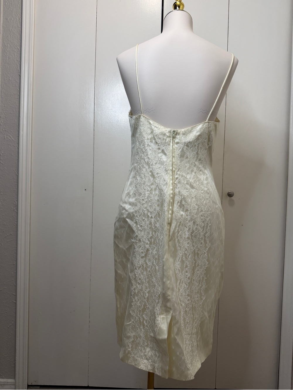 Ivory Lace-Front Midi Slip Dress with Delicate Straps - Picture 4 of 11